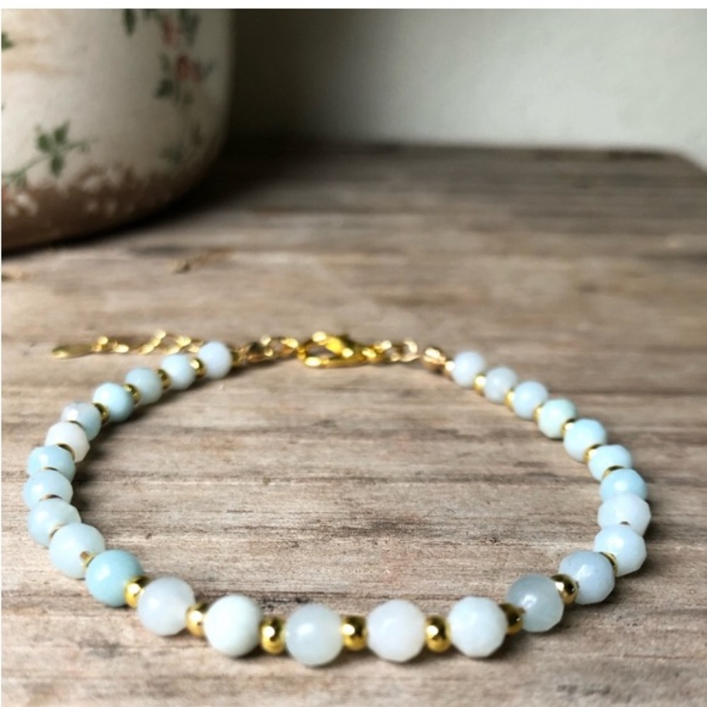 Dainty Amazonite Beaded Bracelet, Gemstone Bracelet, Gold filled chain